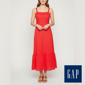 GAP 100% Cotton Strappy Coral Red Midi Dress with Smocked Back, Sz 8